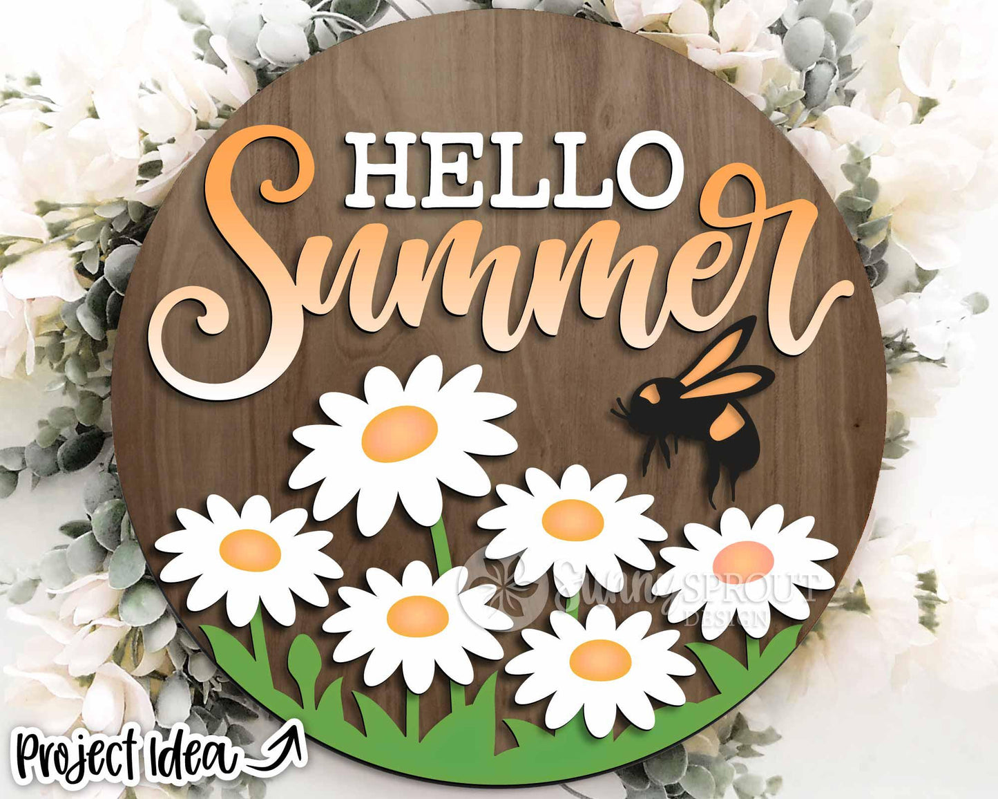 Hello Summer Daisies Bee Sign, Digital Download, SVG Laser Cut File, Cricut, Round Door Hanger Design