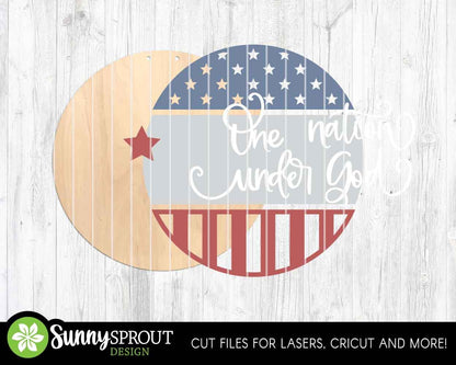 One Nation Under God Flag Sign, Digital Download, SVG Laser Cut File, Cricut, Round Door Hanger Design, Patriotic 4th of July Decor
