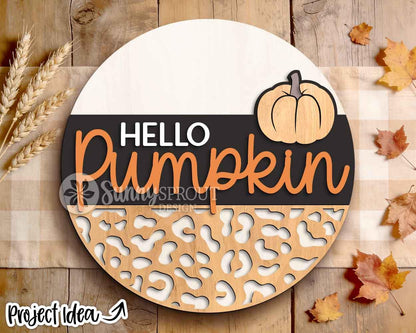 Hello Pumpkin Leopard Print Sign, Digital Download, SVG Laser Cut File, Cricut, Fall Round Door Hanger Design