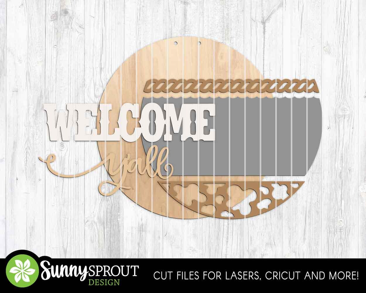 Welcome Y'all Cow Pattern Rope Sign, Digital Download, SVG Laser Cut File, Cricut, Western Cowboy Round Door Hanger Design