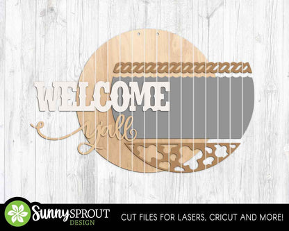 Welcome Y'all Cow Pattern Rope Sign, Digital Download, SVG Laser Cut File, Cricut, Western Cowboy Round Door Hanger Design
