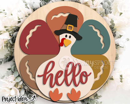 Pilgrim Turkey Hello Sign, Digital Download, SVG Laser Cut File, Cricut, Round Thanksgiving Fall Door Hanger Design
