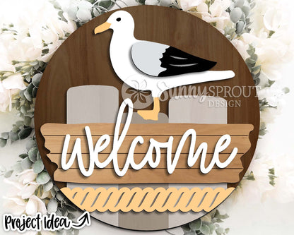 Welcome Seagull Driftwood Sign, Digital download, SVG Laser cut file, Cricut, Round door hanger design, Ocean coastal beach decor
