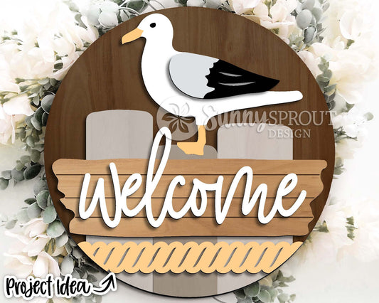 Welcome Seagull Driftwood Sign, Digital download, SVG Laser cut file, Cricut, Round door hanger design, Ocean coastal beach decor