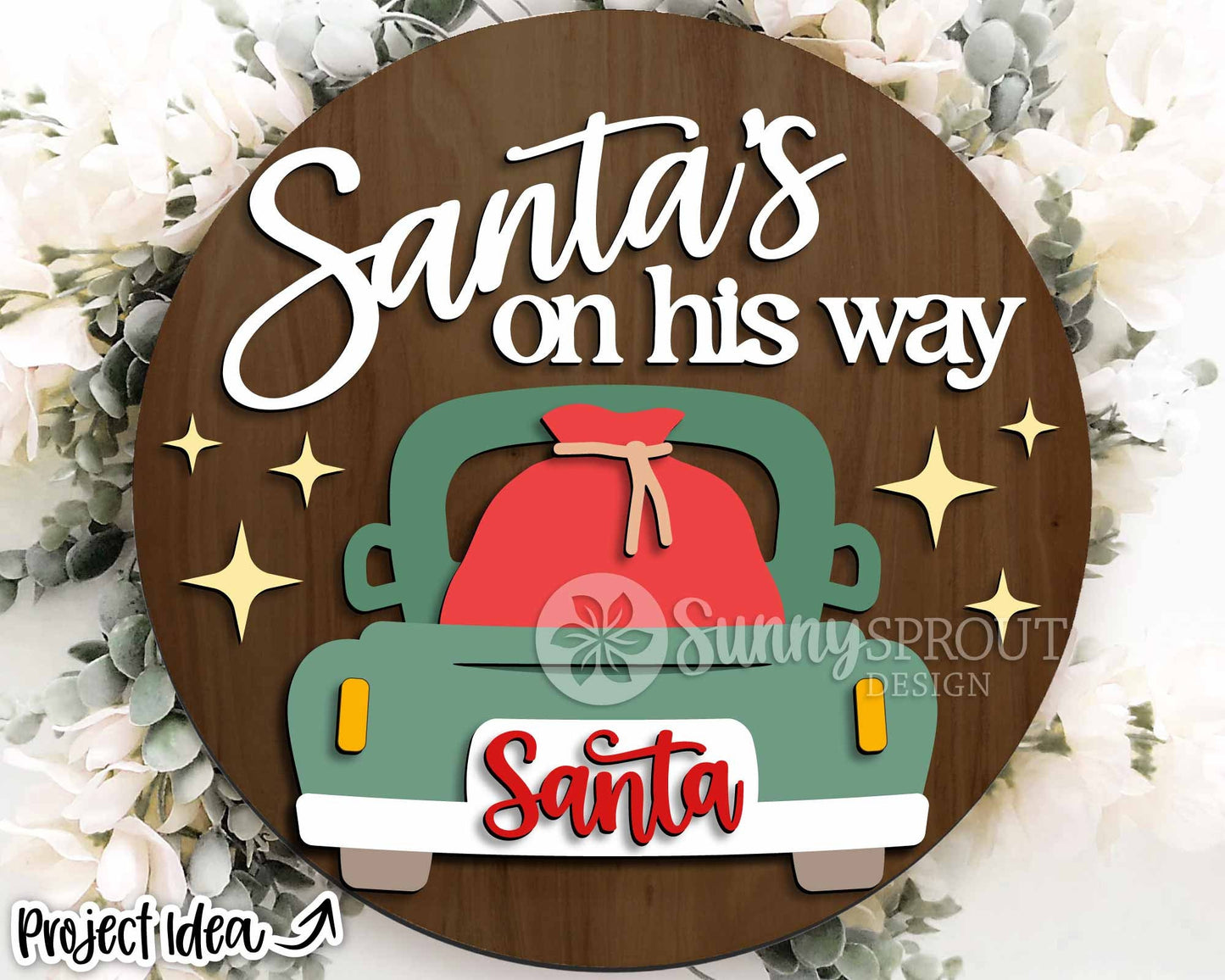 Santa's on His Way Old Truck Sign, Digital Download, SVG Laser Cut File, Cricut, Round Door Hanger Design, Farmhouse Christmas Decor