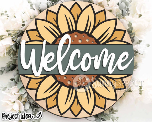 Welcome Split Sunflower Sign, Digital Download, SVG Laser Cut File, Cricut, Round Summer Fall Door Hanger Design