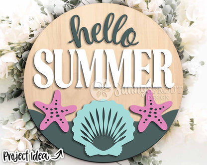 Hello Summer Seashells Sign, Digital download, SVG Laser cut file, Cricut, Round door hanger wall art design, Beach coastal decor
