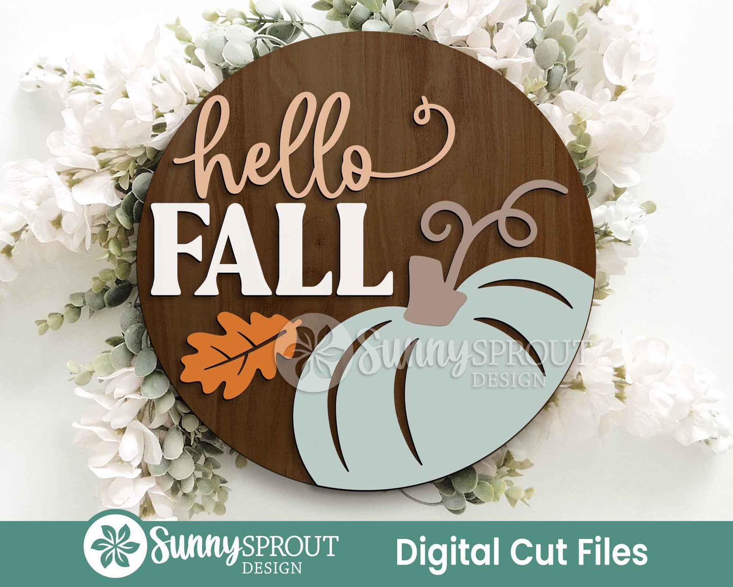 Hello Fall Pumpkin and Leaf Sign, Digital Download, SVG Laser Cut File, Cricut, Round Fall Door Hanger Design