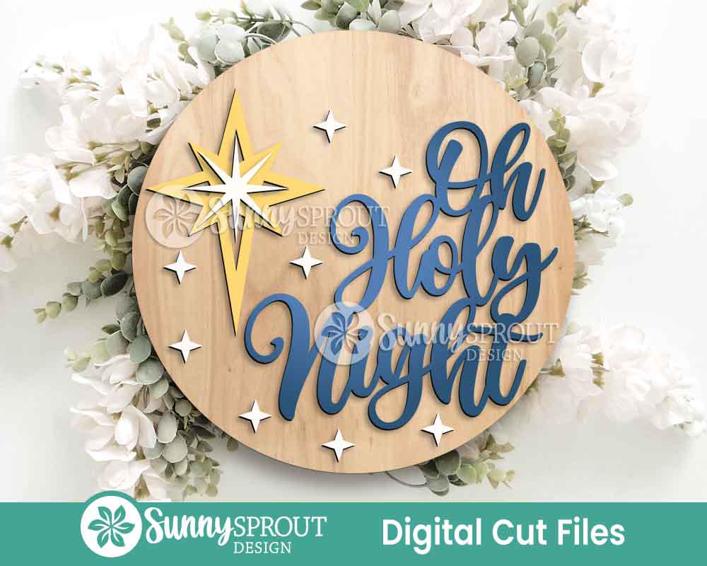Oh Holy Night Star of Bethlehem Sign, Digital Download, SVG Laser Cut File, Cricut, Round Door Hanger Design, Christmas Decor