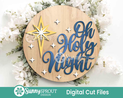 Oh Holy Night Star of Bethlehem Sign, Digital Download, SVG Laser Cut File, Cricut, Round Door Hanger Design, Christmas Decor