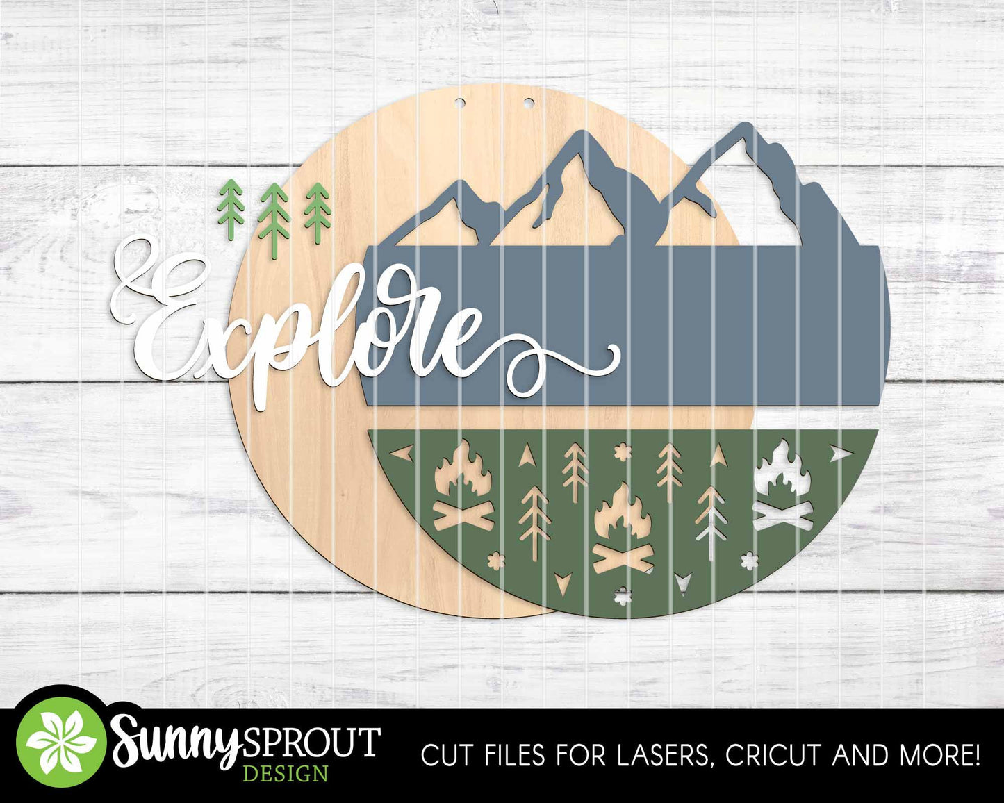 Explore Camp Mountain Sign, Digital download, SVG Laser cut file, Cricut, Round door hanger design, Camping cabin outdoor decor