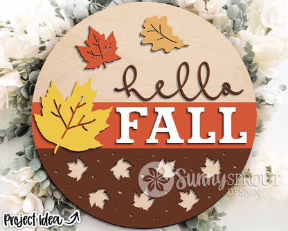 Hello Fall Leaf Sign, Digital Download, SVG Laser Cut File, Cricut, Round Fall Door Hanger Design