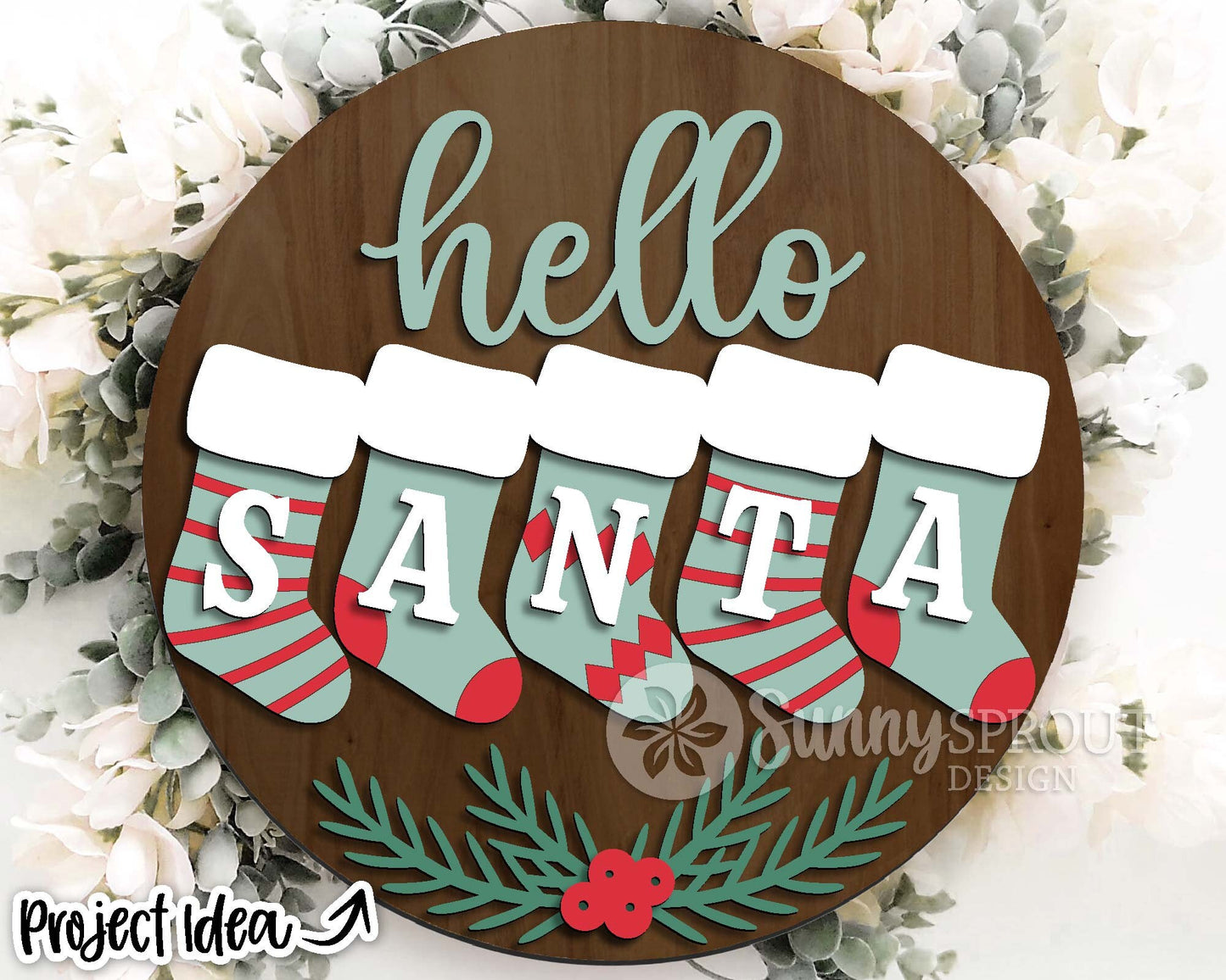 Hello Santa Stockings Sign, Digital Download, SVG Laser Cut File, Cricut, Round Door Hanger Design, Christmas Decor