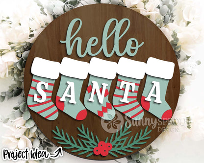 Hello Santa Stockings Sign, Digital Download, SVG Laser Cut File, Cricut, Round Door Hanger Design, Christmas Decor