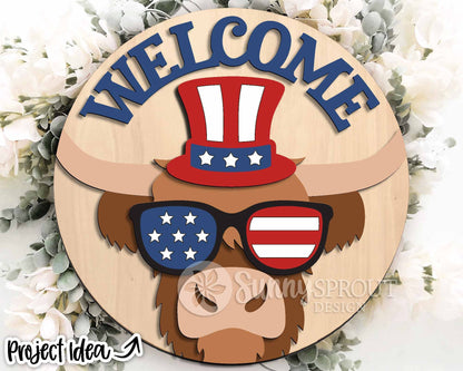 Welcome Patriotic Highland Cow Sign, Digital Download, SVG Laser Cut File, Cricut, Round Door Hanger Design, 4th of July Decor