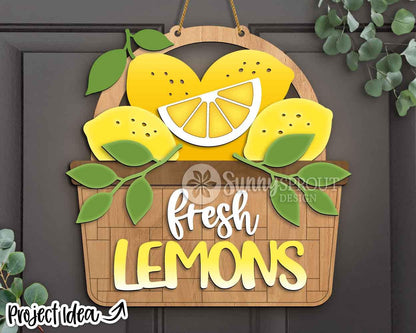 Fresh Lemons Basket Sign, Digital Download, SVG Laser Cut File, Cricut, Summer Door Hanger Wall Decor Design