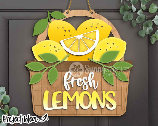 Fresh Lemons Basket Sign, Digital Download, SVG Laser Cut File, Cricut, Summer Door Hanger Wall Decor Design