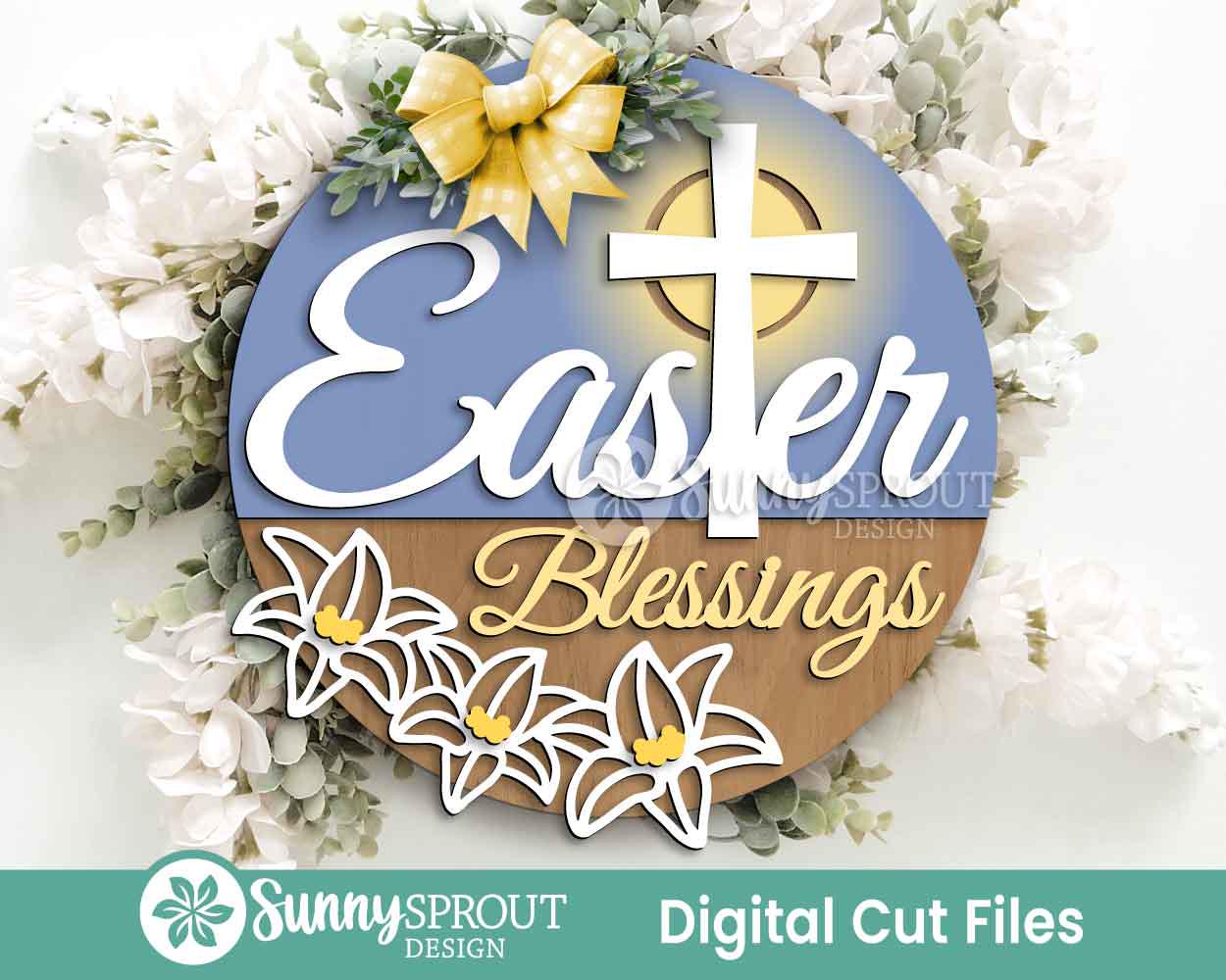 Christian Easter Sign Bundle, Round door hanger svg, Glowforge laser cut file, Cricut, Religious Easter cross svg