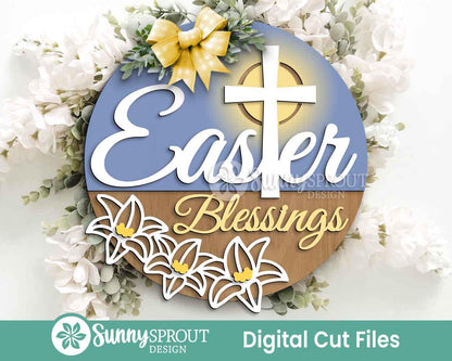 Christian Easter Sign Bundle, Round door hanger svg, Glowforge laser cut file, Cricut, Religious Easter cross svg
