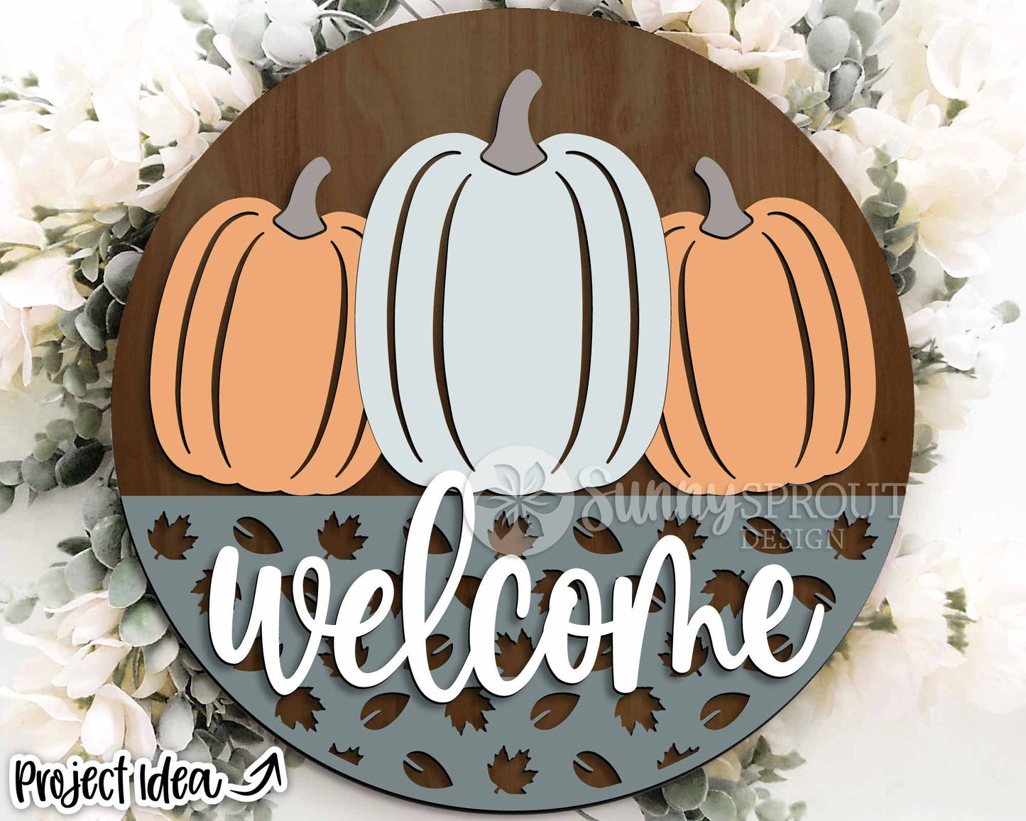 Welcome Three Pumpkin Leaf Pattern Sign, Digital Download, SVG Laser Cut File, Cricut, Round Fall Door Hanger Design