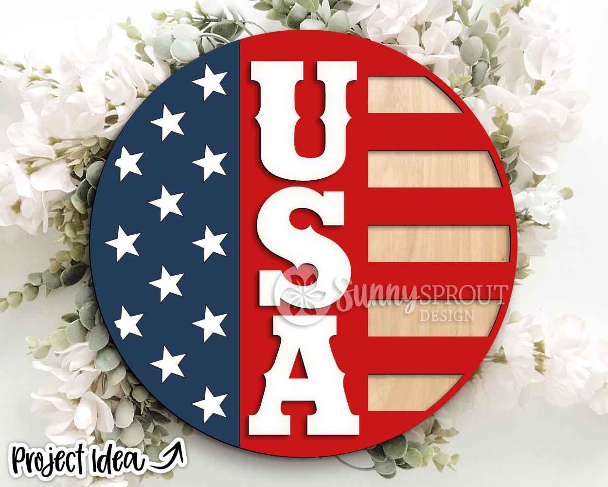 USA American Flag Sign, Digital Download, SVG Laser Cut File, Cricut, Round Welcome Door Hanger Design, Patriotic 4th of July Decor