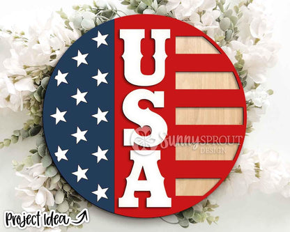 USA American Flag Sign, Digital Download, SVG Laser Cut File, Cricut, Round Welcome Door Hanger Design, Patriotic 4th of July Decor
