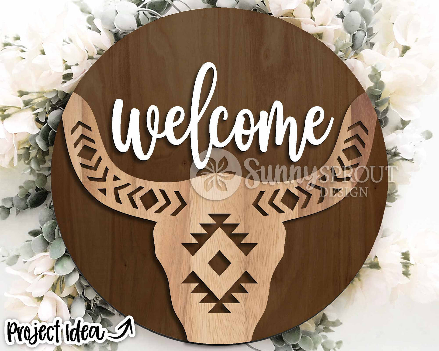 Welcome Aztec Cow Skull Sign, Digital Download, SVG Laser Cut File, Cricut, Southwestern Cowboy Round Door Hanger Design