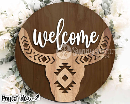 Welcome Aztec Cow Skull Sign, Digital Download, SVG Laser Cut File, Cricut, Southwestern Cowboy Round Door Hanger Design