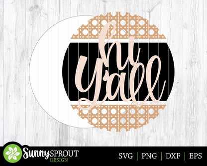 Hi Y'all Rattan Sign, Digital Download, SVG Laser Cut File, Cricut, Modern Farmhouse Round Door Hanger Design