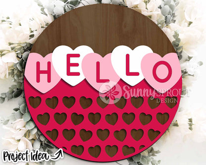 Hello Conversation Hearts Welcome Sign, Digital Download, SVG Laser Cut File, Cricut, Round Door Hanger Design, Valentine's Day Decor