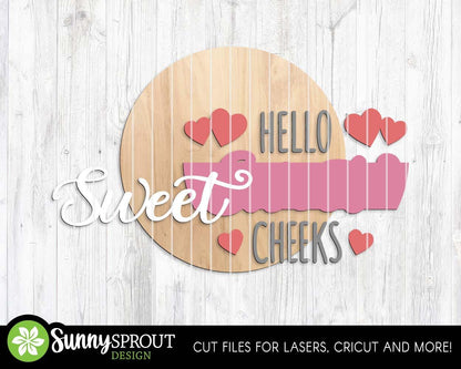 Hello Sweet Cheeks Heart Sign, Digital Download, SVG Laser Cut File, Cricut, Round Door Hanger Design, Valentine's Day Decor