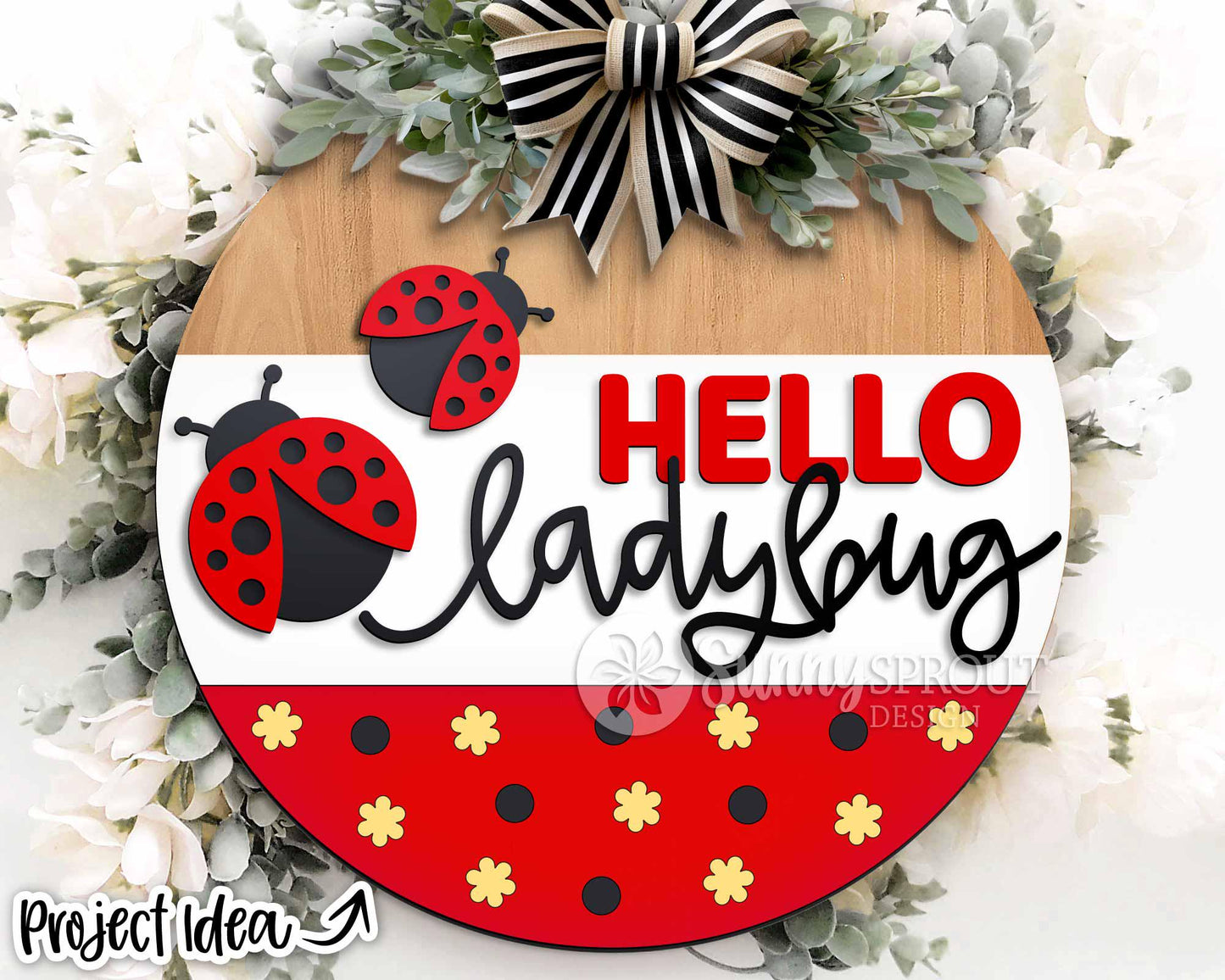 Hello Ladybug Sign, Digital Download, SVG Laser Cut File, Summer Round Door Hanger Design
