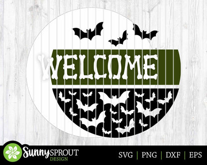 Welcome Bones and Bat Pattern Sign, Digital Download, SVG Laser Cut File, Cricut, Round Halloween Door Hanger Design