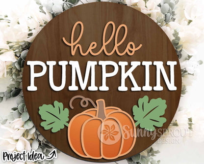 Hello Pumpkin Sign, Digital Download, SVG Laser Cut File, Cricut, Round Fall Welcome Door Hanger Design