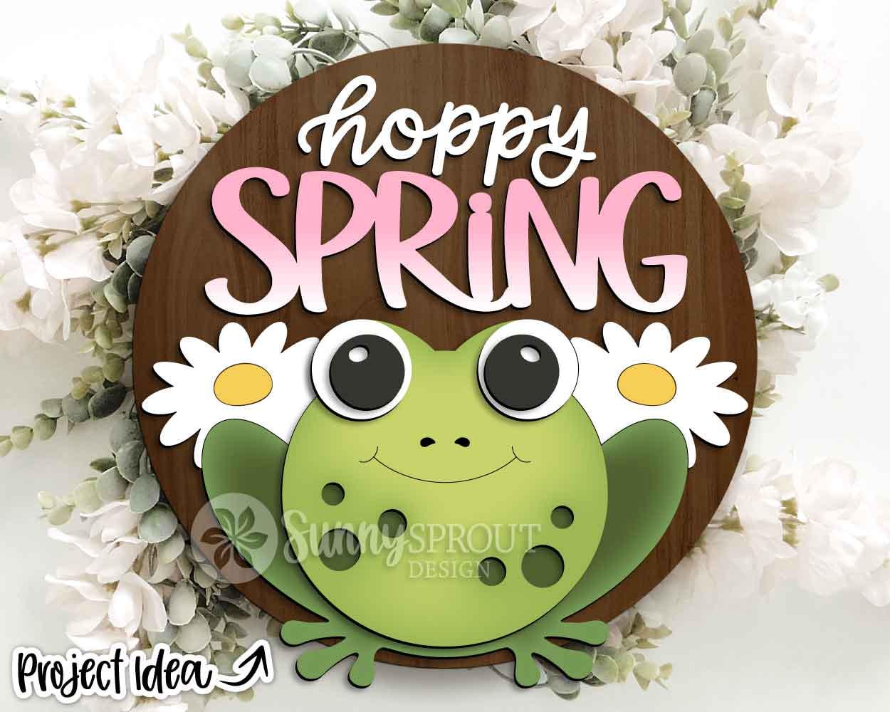 Hoppy Spring Frog Daisy Sign, Digital download, SVG Laser cut file, Cricut, Round door hanger design