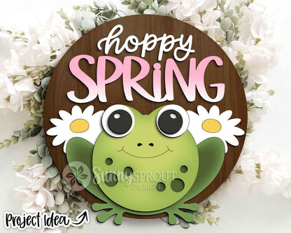 Hoppy Spring Frog Daisy Sign, Digital download, SVG Laser cut file, Cricut, Round door hanger design