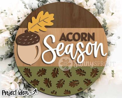 Acorn Season Oak Leaf Sign, Digital Download, SVG Laser Cut File, Cricut, Round Fall Door Hanger Design