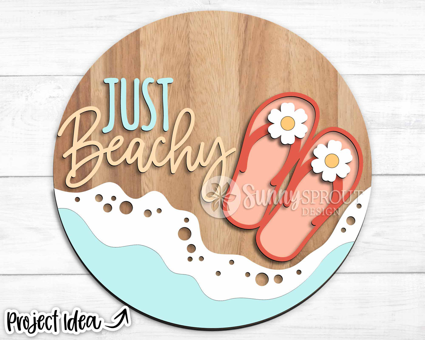 Just Beachy Flip Flops & Ocean Sign, Digital download, SVG Laser cut file, Cricut, Round door hanger wall art design, Coastal decor