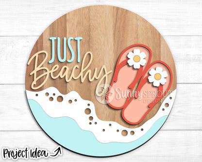 Just Beachy Flip Flops & Ocean Sign, Digital download, SVG Laser cut file, Cricut, Round door hanger wall art design, Coastal decor