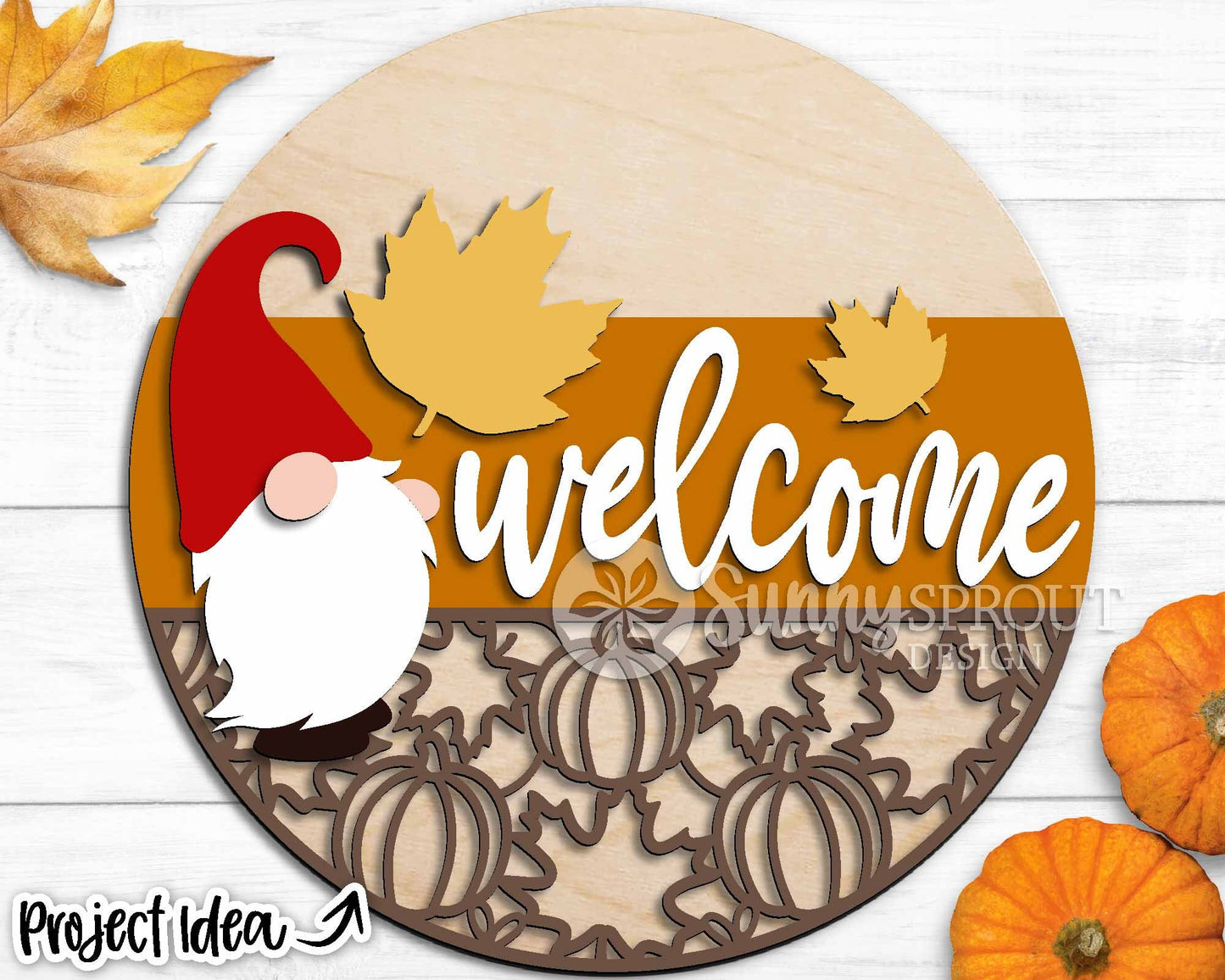 Welcome Fall Leaf Pattern Gnome Sign, Digital Download, SVG Laser Cut File, Cricut, Round Pumpkin Door Hanger Design