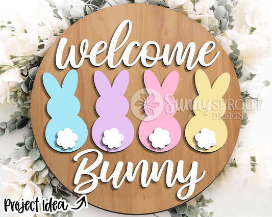Welcome Bunny Tail Sign, Digital download, SVG Laser cut file, Cricut, Round door hanger design, Easter decor