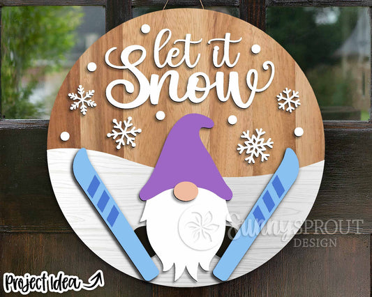 Let It Snow Ski Gnome, Round door hanger svg, Glowforge laser cut file, Cricut, Ski lodge sign svg, Winter decor