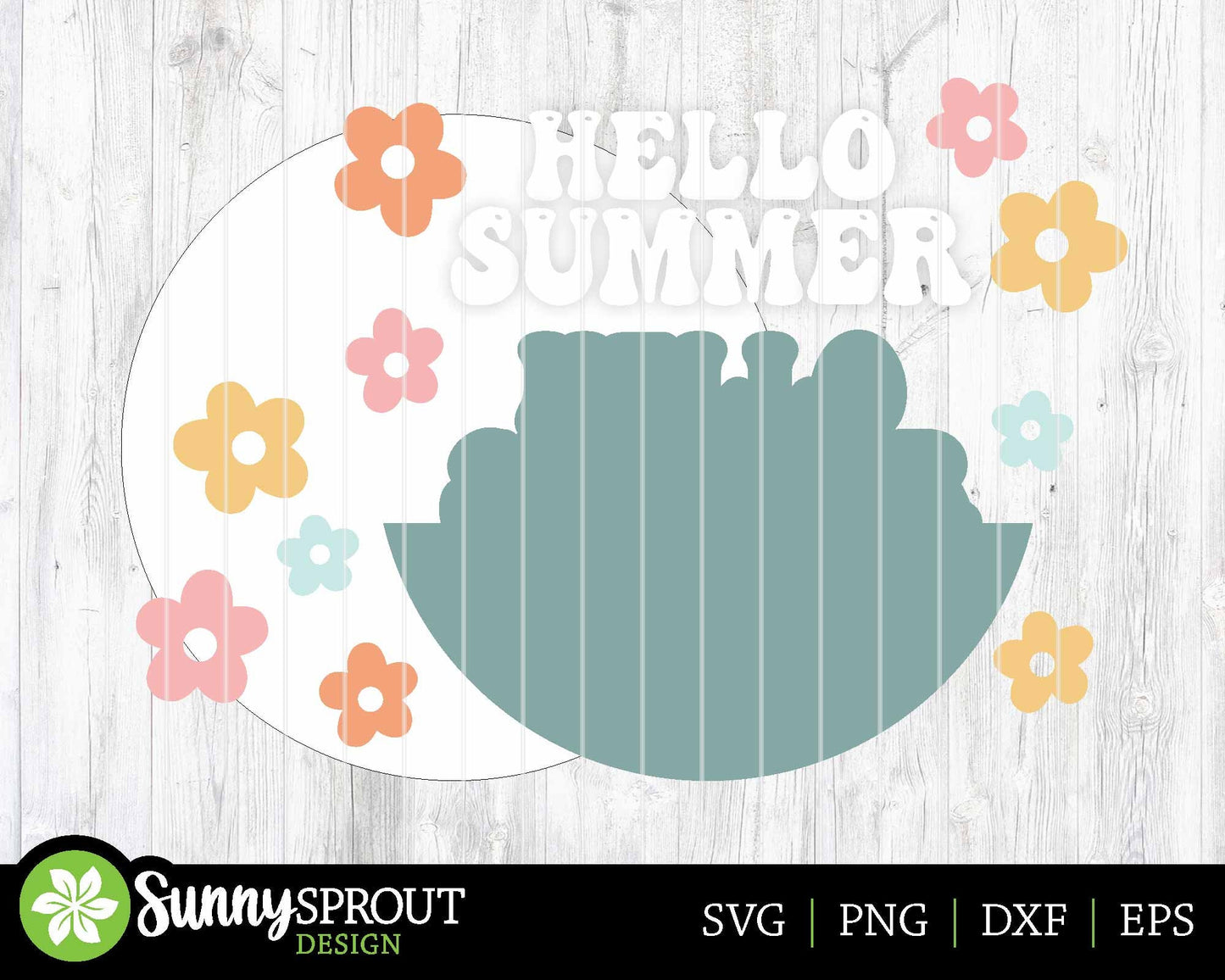 Hello Summer Retro Flower Sign, Digital Download, SVG Laser Cut File, Cricut, Round Door Hanger Design