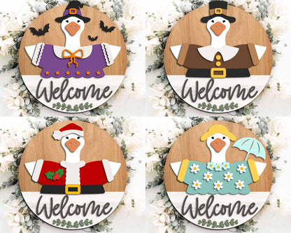 Goose Interchangeable Outfit Sign Bundle, Round door hanger svg, Glowforge laser file, Cricut, Seasonal welcome door sign