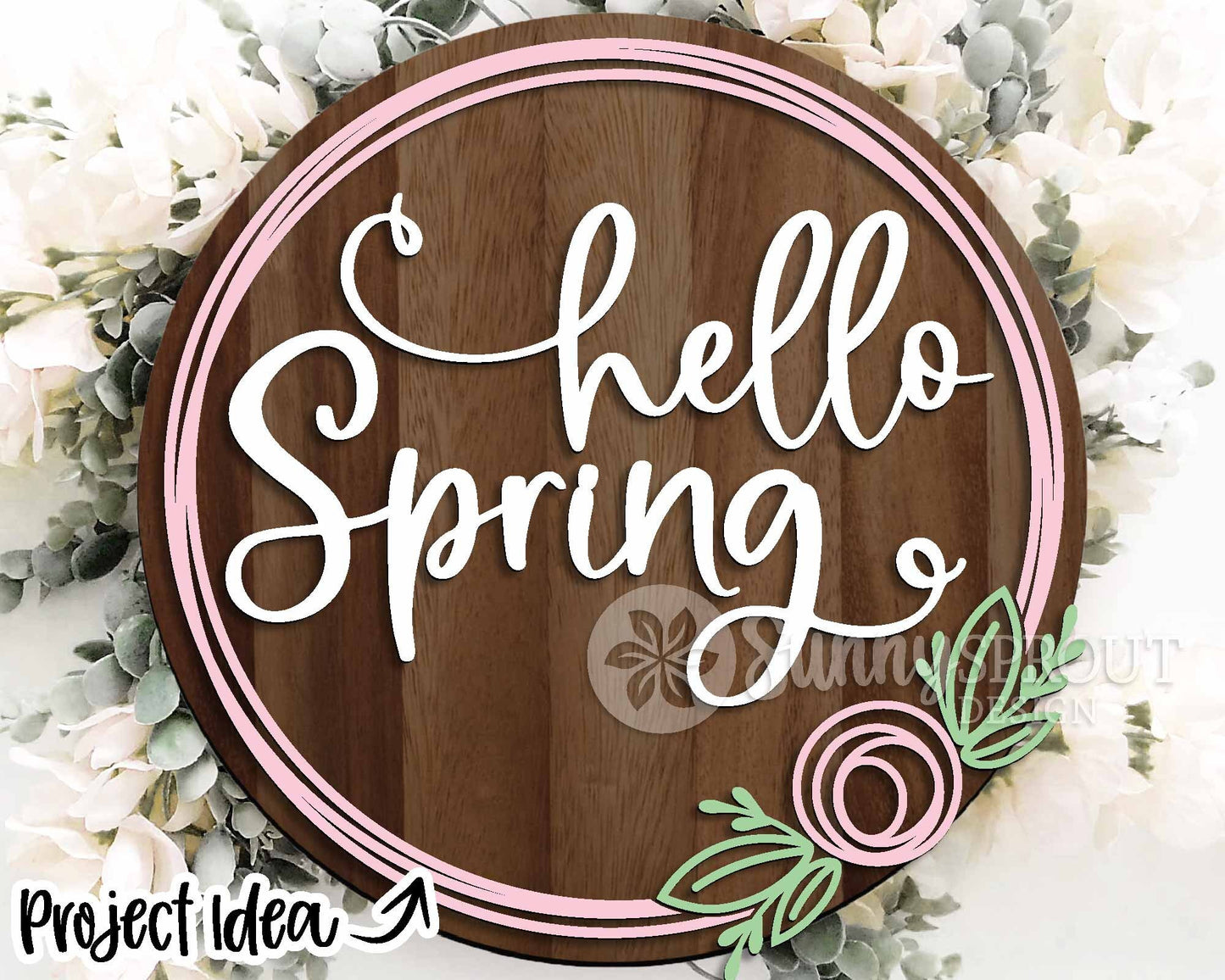 Hello Spring Flower Wreath Sign, Digital download, SVG Laser cut file, Cricut, Round door hanger design