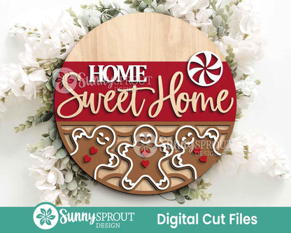 Home Sweet Home Gingerbread Sign, Digital Download, SVG Laser Cut File, Cricut, Round Door Hanger Design, Christmas Decor