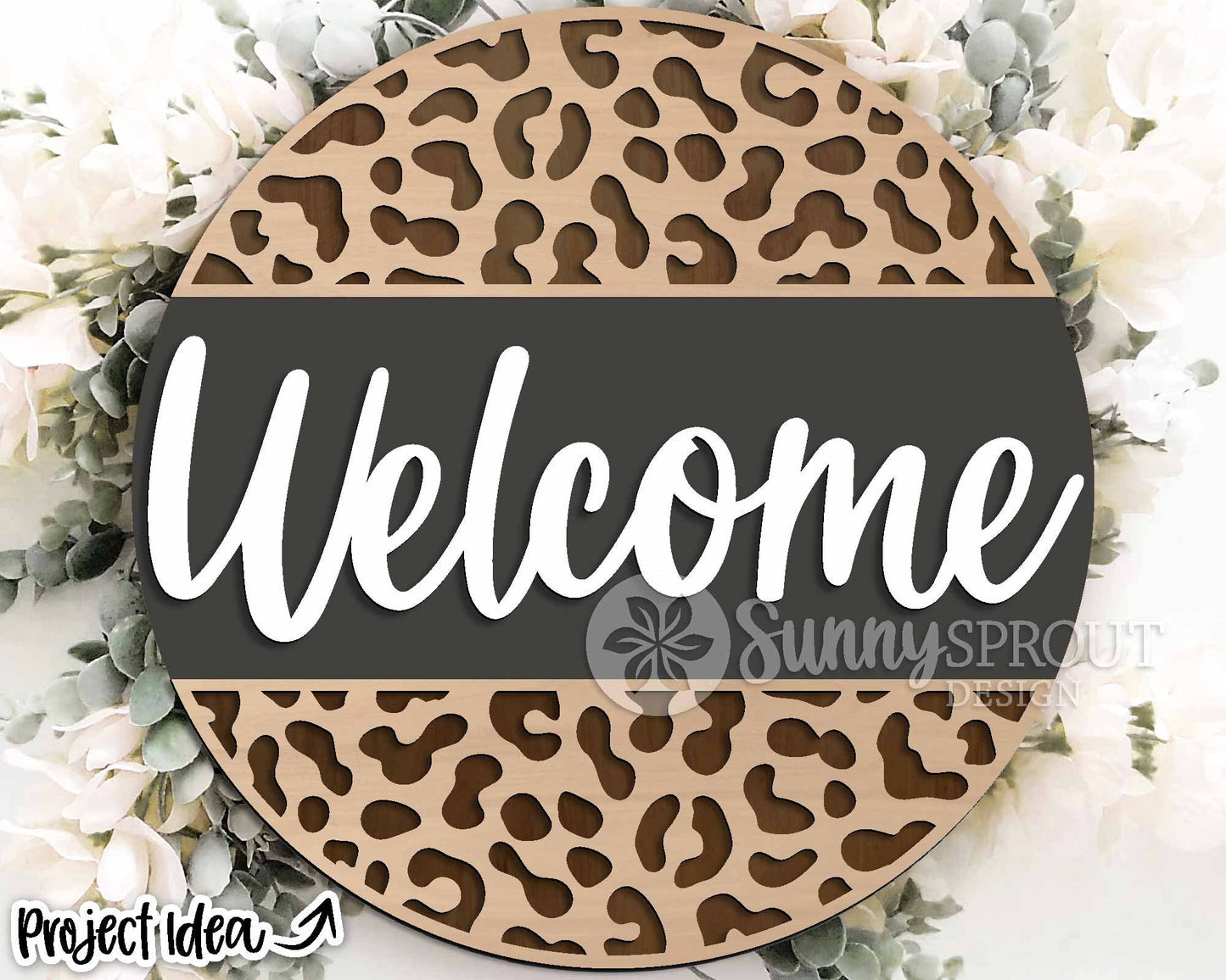 Welcome Cheetah Print Sign, Digital Download, SVG Laser Cut File, Cricut, Animal Round Door Hanger Design