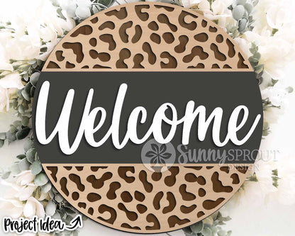 Welcome Cheetah Print Sign, Digital Download, SVG Laser Cut File, Cricut, Animal Round Door Hanger Design