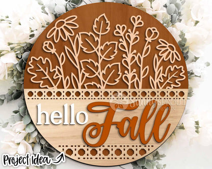 Hello Fall Wildflowers Sign, Digital Download, SVG Laser Cut File, Cricut, Round Floral Door Hanger Design