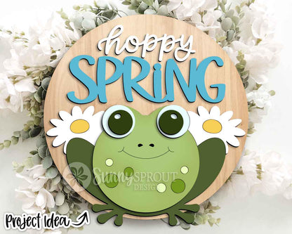 Hoppy Spring Frog Daisy Sign, Digital download, SVG Laser cut file, Cricut, Round door hanger design